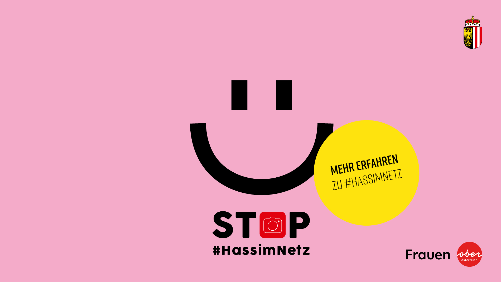 Schwarzer Smiley auf pinkem Hintergrund und Text Stop Hass im Netz