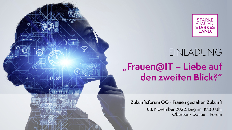 Frau mit Blick in die Zukunft, daneben Text zur Einladung zum Zukunftsforum Frau mit Blick in die Zukunft, daneben Text zur Einladung zum Zukunftsforum