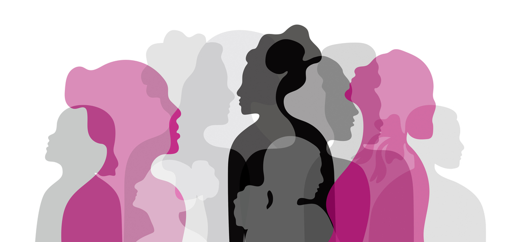 Comicillustration von Frauen in Grau und Rosa im Austausch.